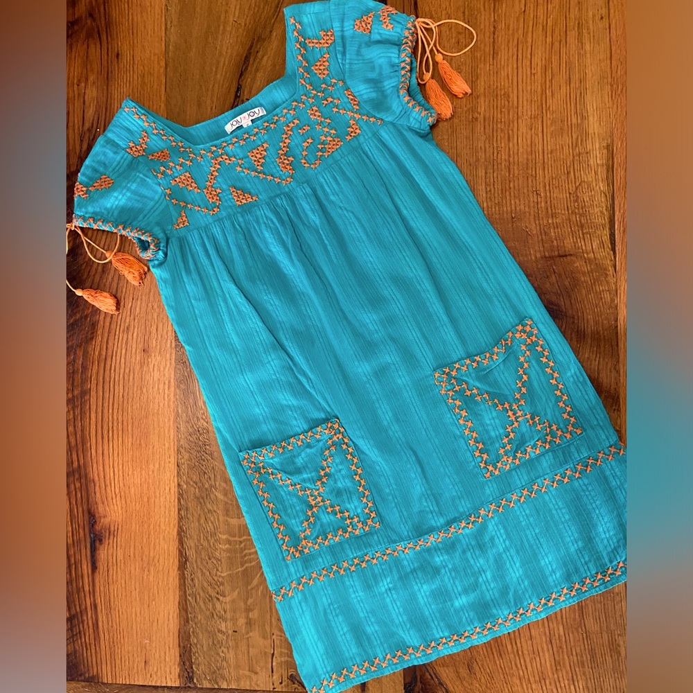 Joy Joy 100% Cotton Lined Green Dress with Orange Embroidery & Tassels, Sz Small